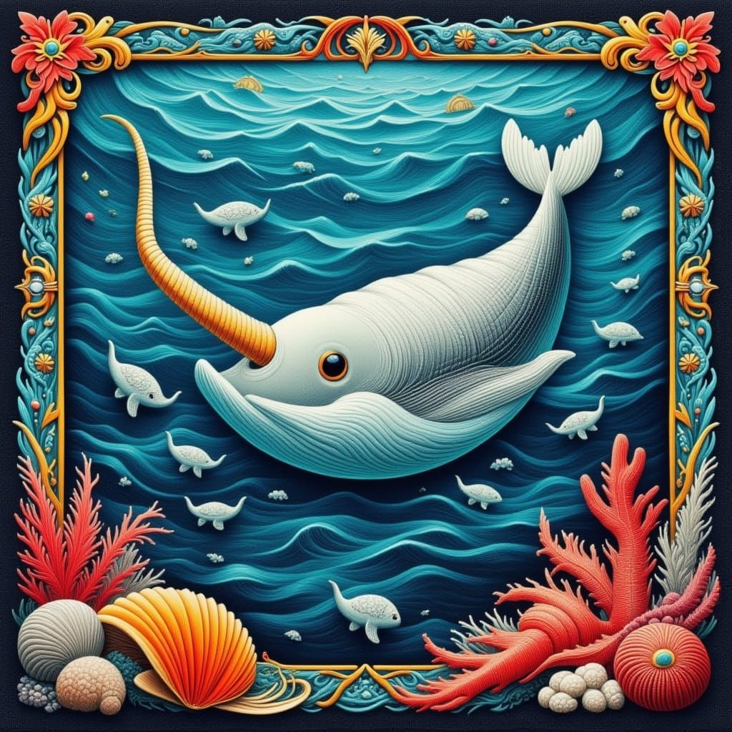 Baby Narwhal in Medieval Tapestry Style