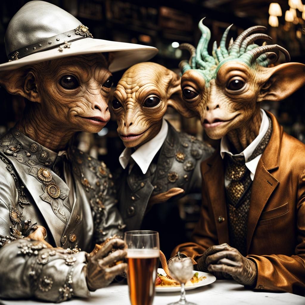Surreal Alien Restaurant Celebration in Hyperrealistic Photo...