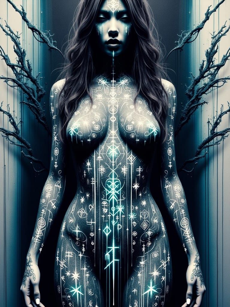 Norse Beauty Portrait with Glowing Runes in Graffiti Art