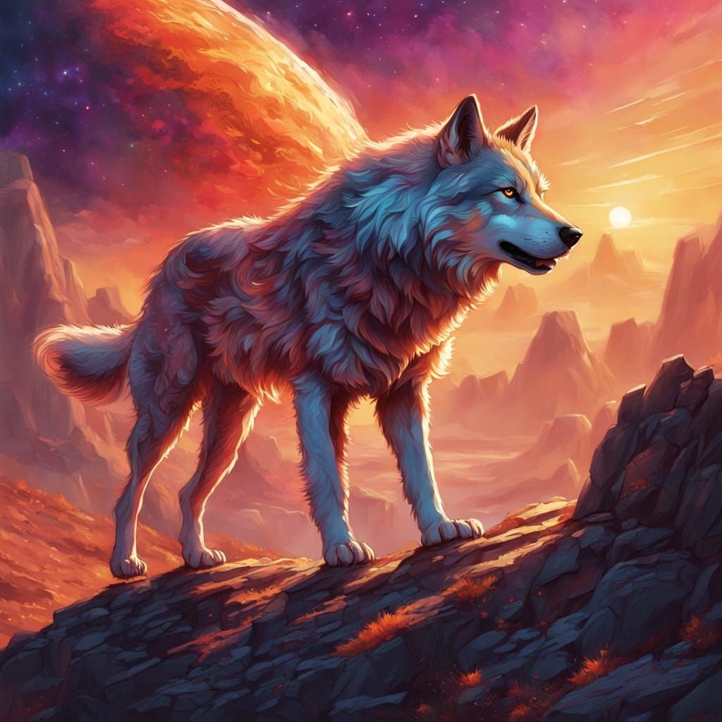Nebula Wolf Howling at Binary Sunset: Digital Art