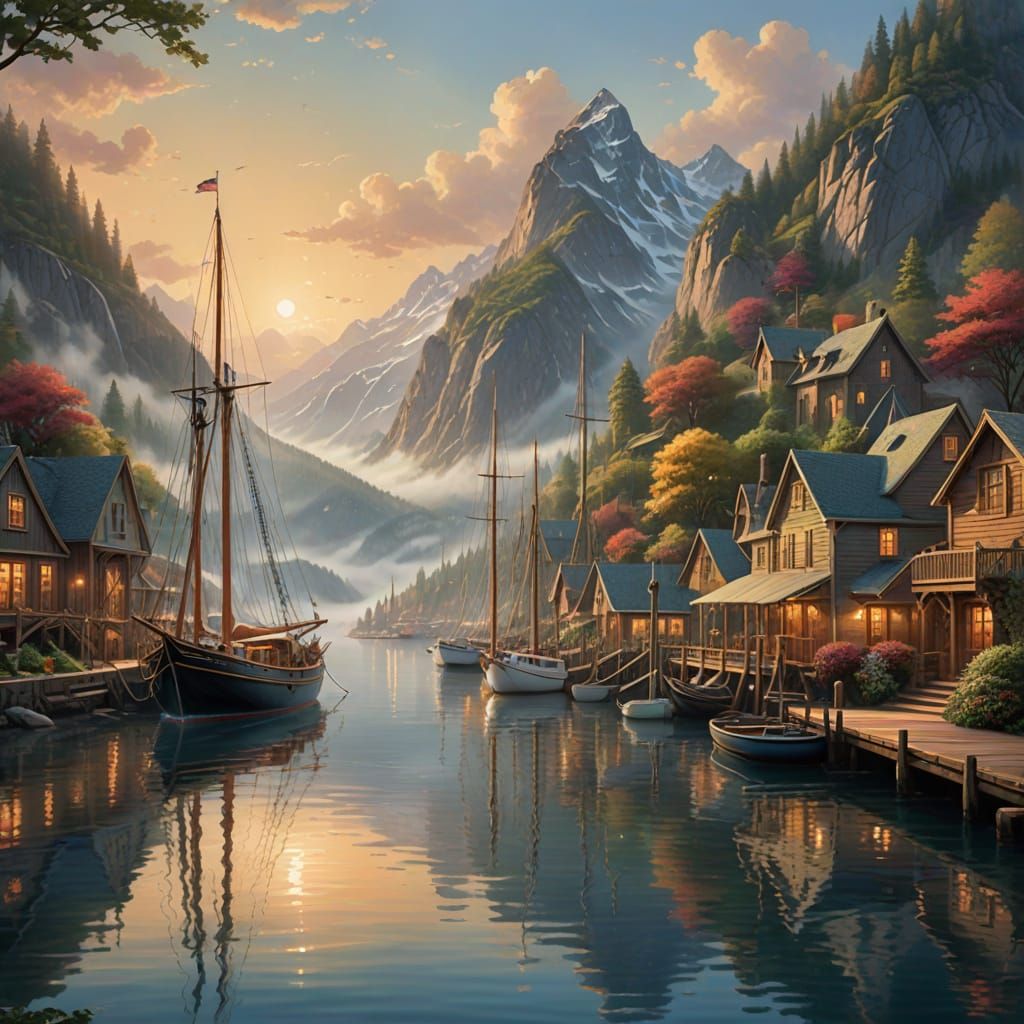 Ethereal Mountain Harbor Scene in Warm Golden Light