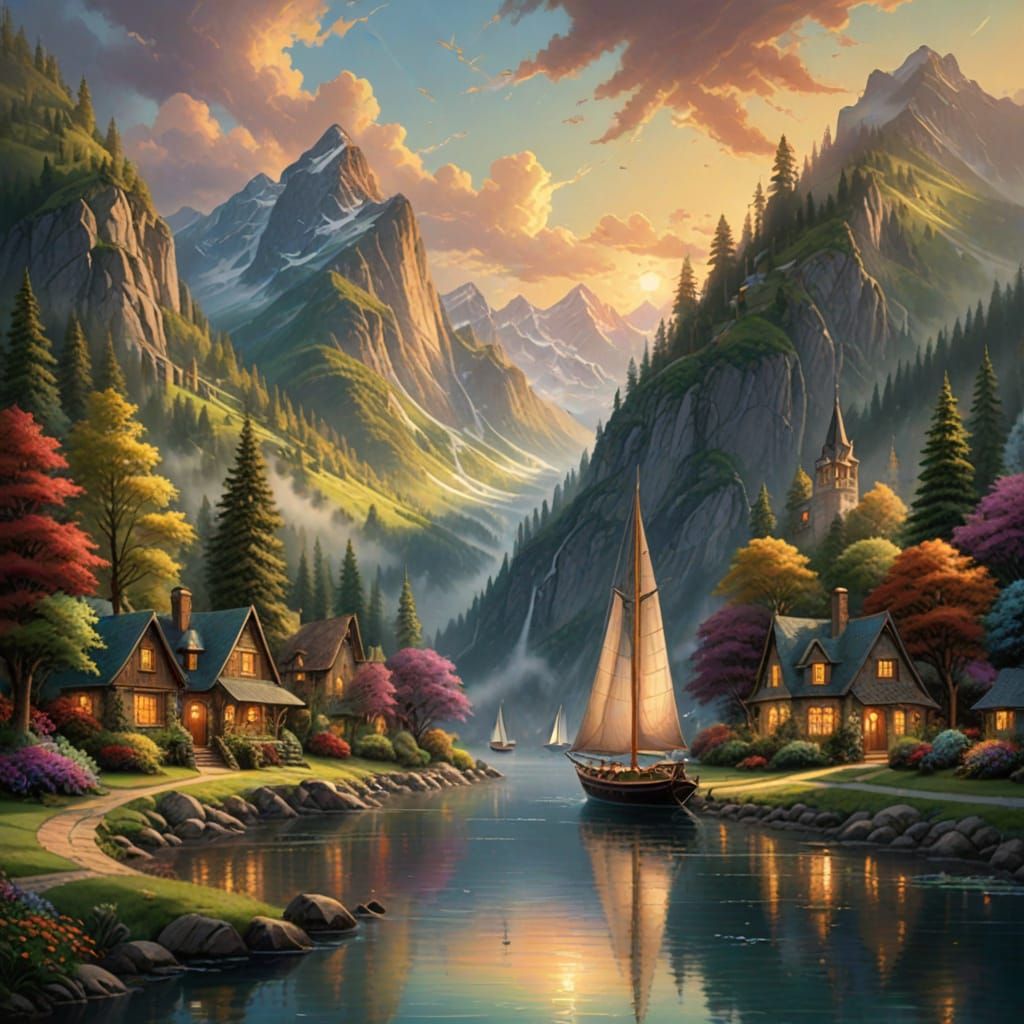 Serenely Majestic Sailboats in a Lush Mountain Town