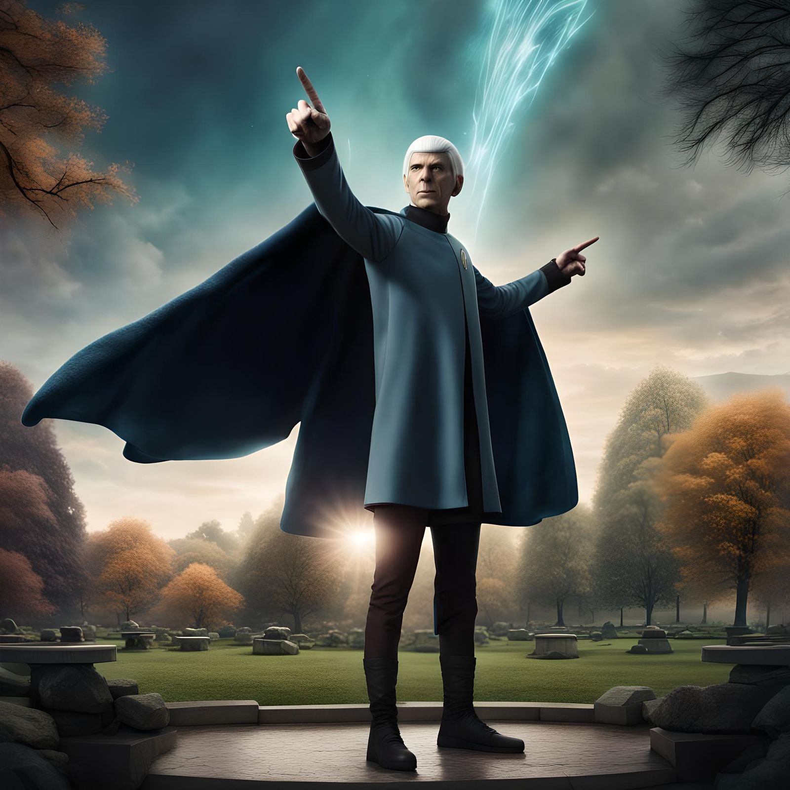 Spock-like Figure Points to Sky: Digital Matte Painting