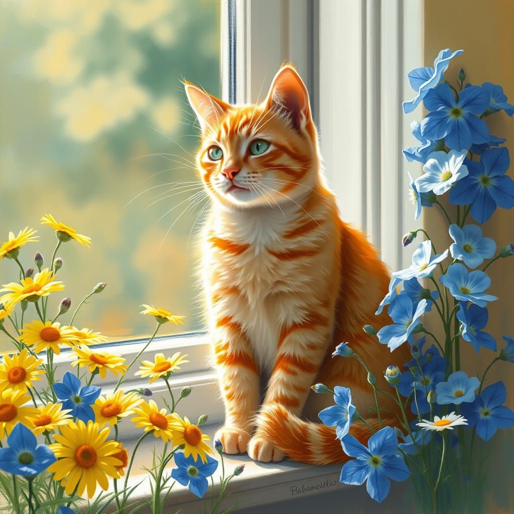 Tabby Cat Basking in Impressionist Flower Garden