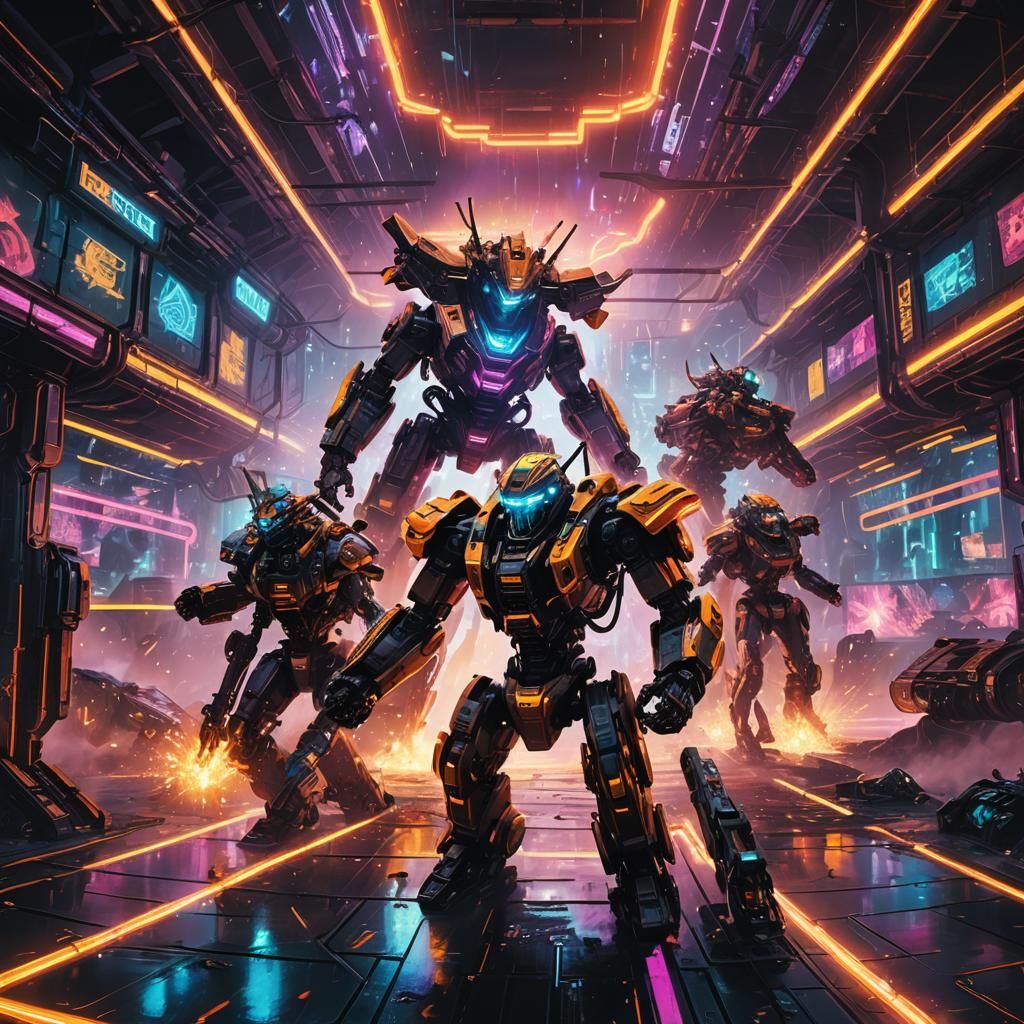 Neon Robot Clash in Cyberpunk Arena