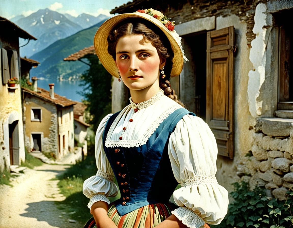 Vintage Color Photograph of Italian Woman in Village