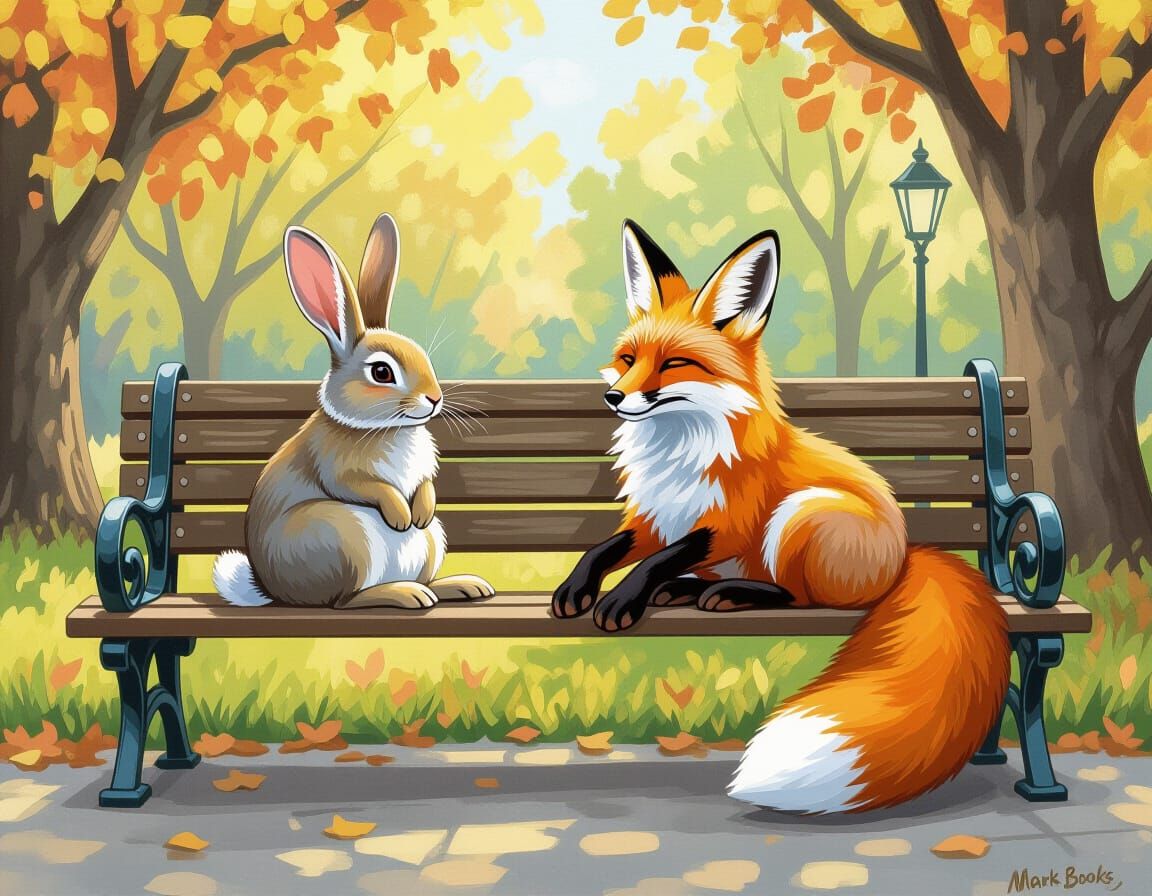 Rabbit and Fox Relaxing on Park Bench in Gouache Style