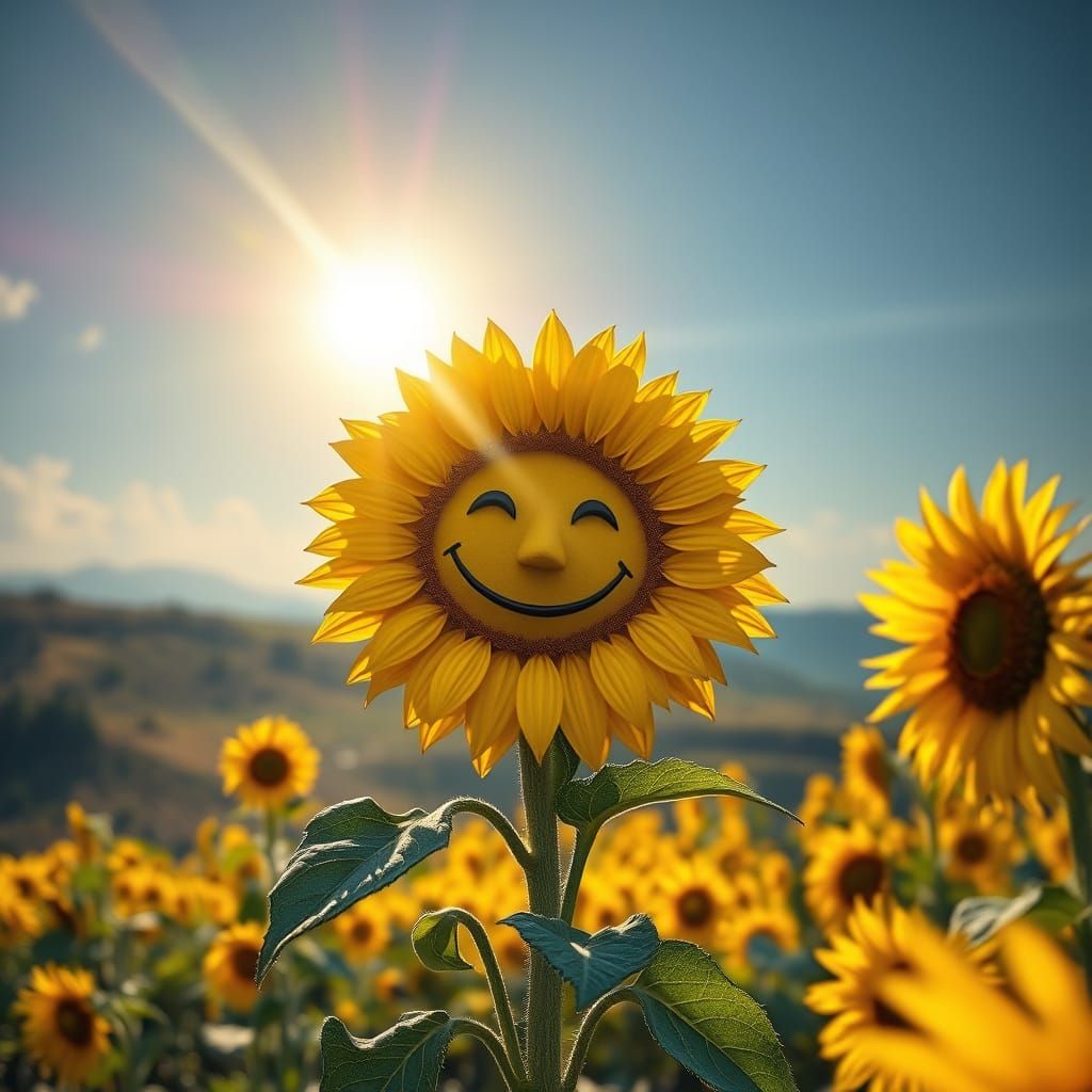 Anthropomorphic Sunflower Overlooking a Sunflower Field