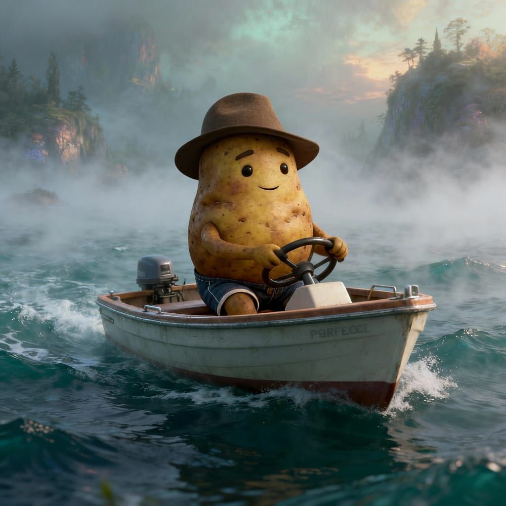 Mr. Potato Driving a Boat in Ethereal Mist