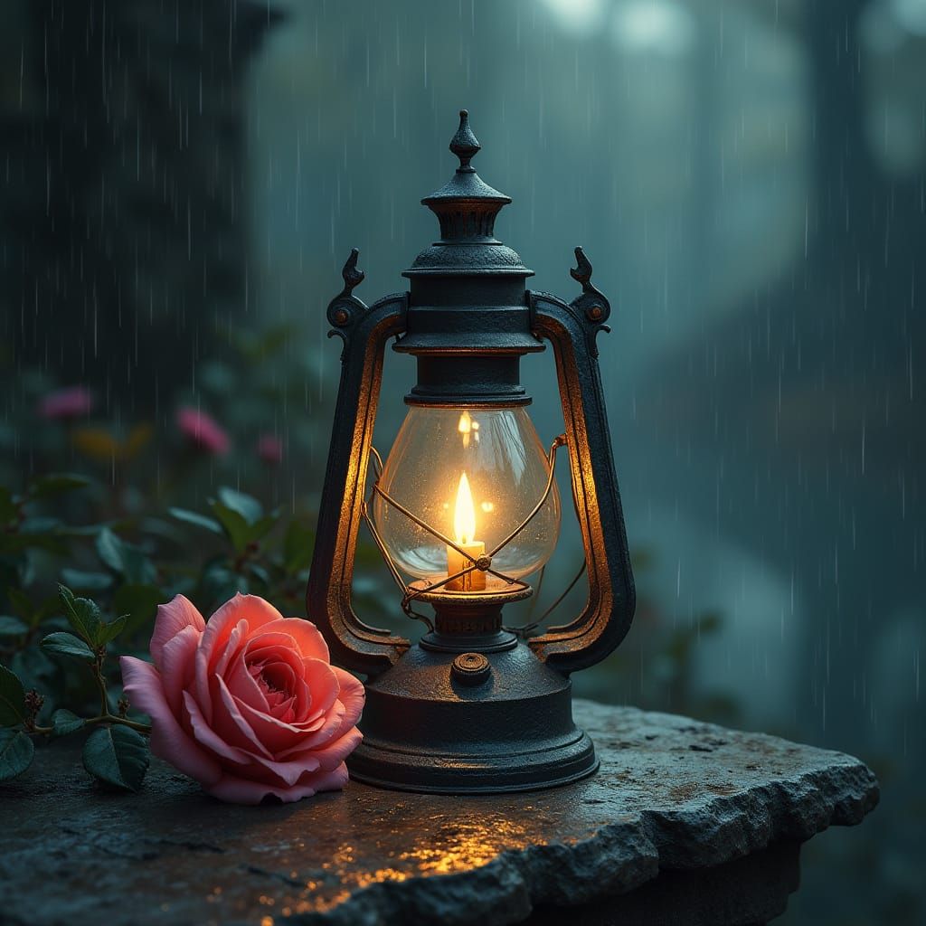 Oil Lamp and Rose in Rainy Dark Fantasy Art