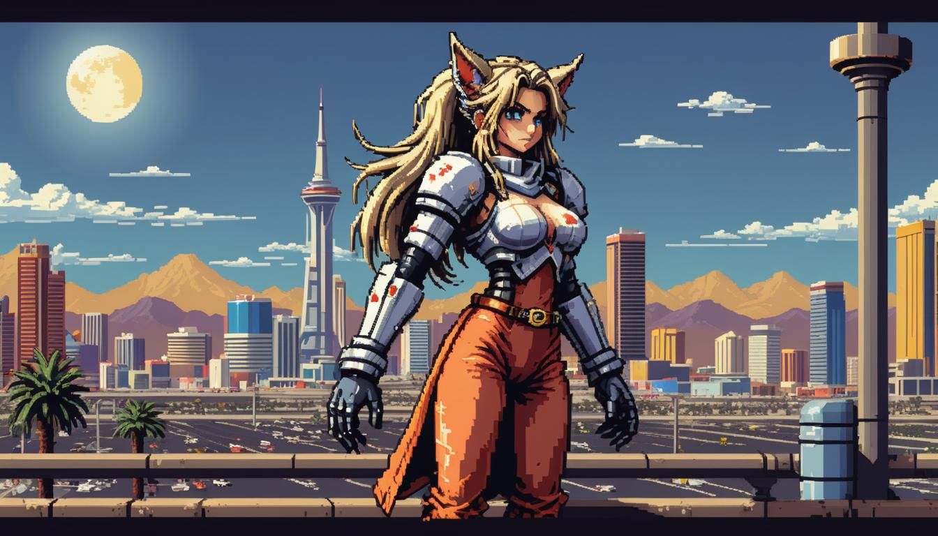 Pixel Art Jackal with Mechanical Arm in Vegas