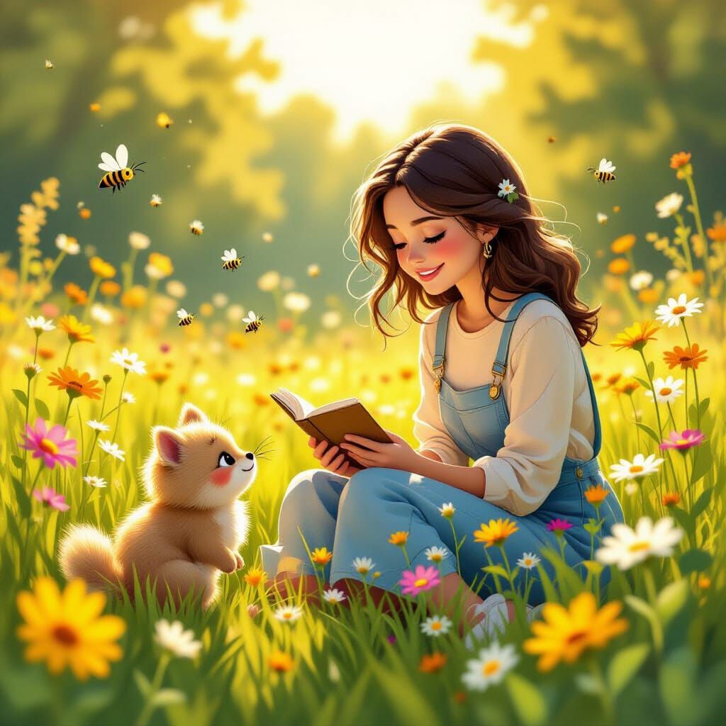 Whimsical Comic Meadow Scene with Amelia and Pip