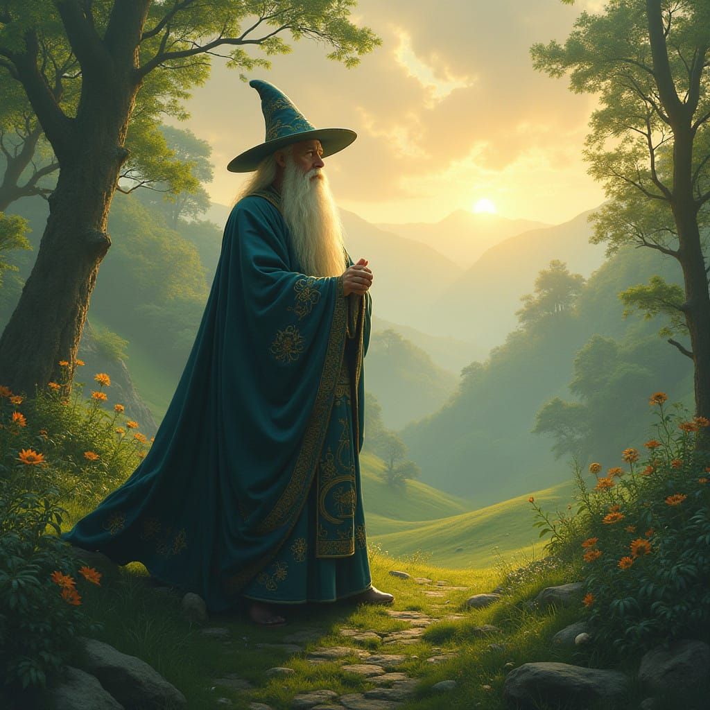 Ethereal Wizard Amidst Middle Earth's Mystical Landscape