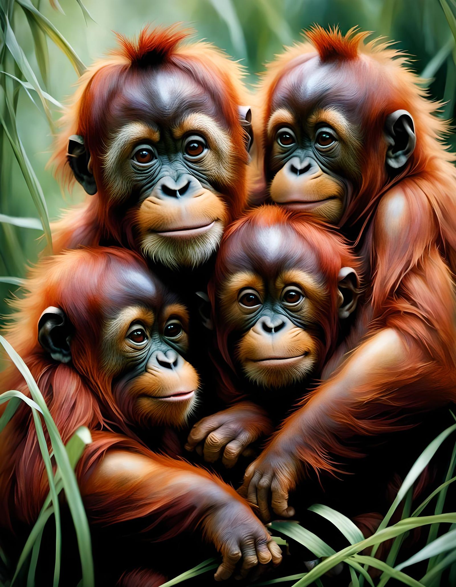 Cute Orangutans in Hyperrealistic Jungle Scene
