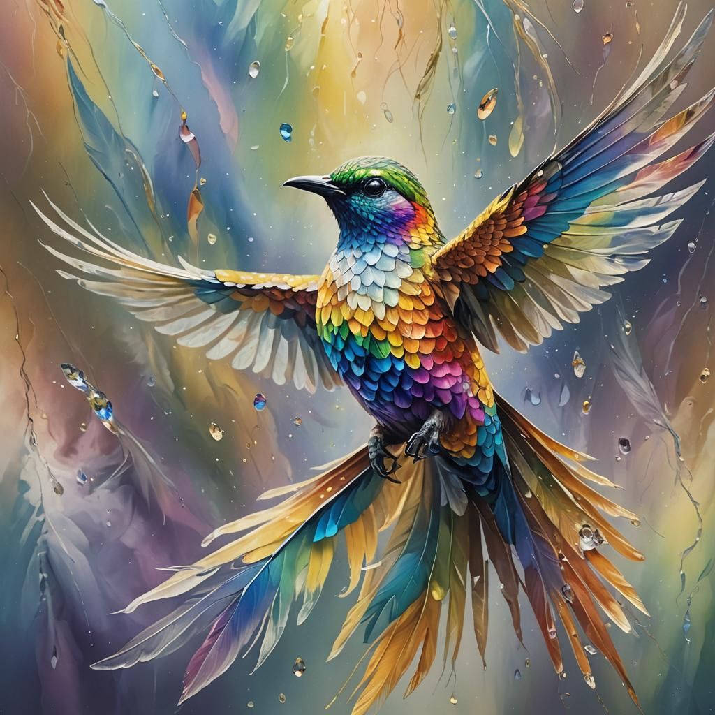 Diamond Rainbow Bird in Mist: Surrealist Oil Painting