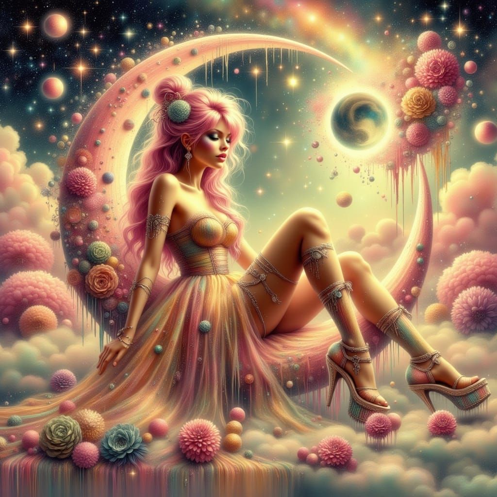 Dreamy Pin-Up Girl on a Surreal Moon