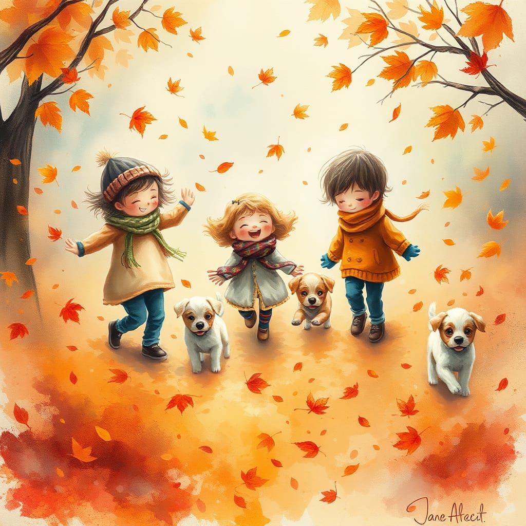 Children and Puppies in Autumn, Magical Realism Style