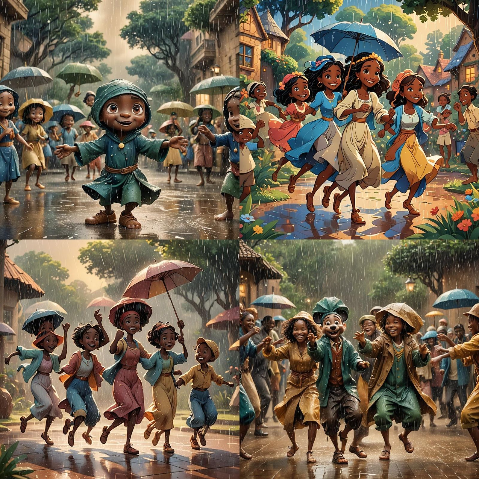 Joyful African Character Dancing in the Rain, Disney Style