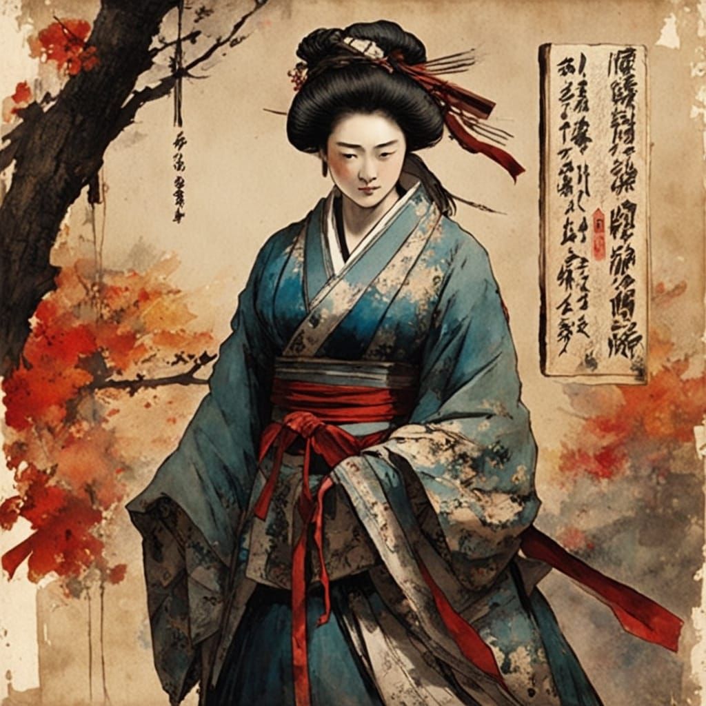 Ancient Warrior in Maid's Attire: Vintage Japanese Woodblock...