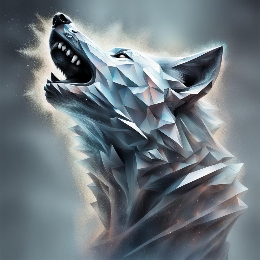 Holographic Cubist Wolf Dispersing in Smoke