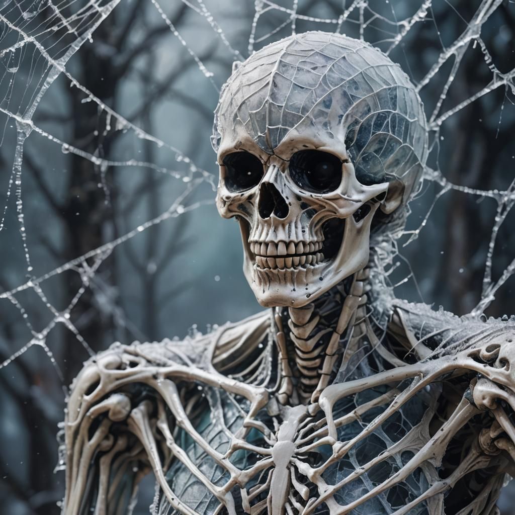 Skeleton dressed up in  frost and spider webs