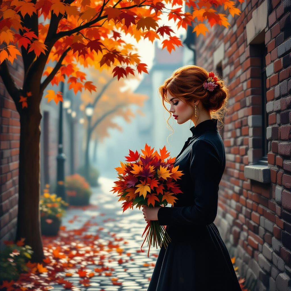 Young Woman in Autumn Mist Gouache Painting