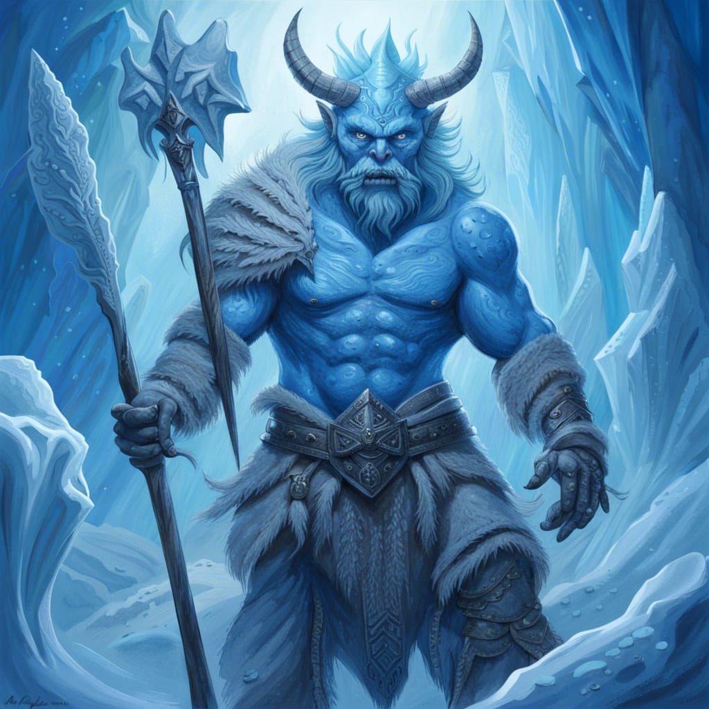 Blue Ice Demon Portrait in Snowy Cave