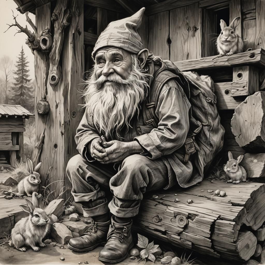 Gnome with Rabbit: Charcoal and Ink Portrait