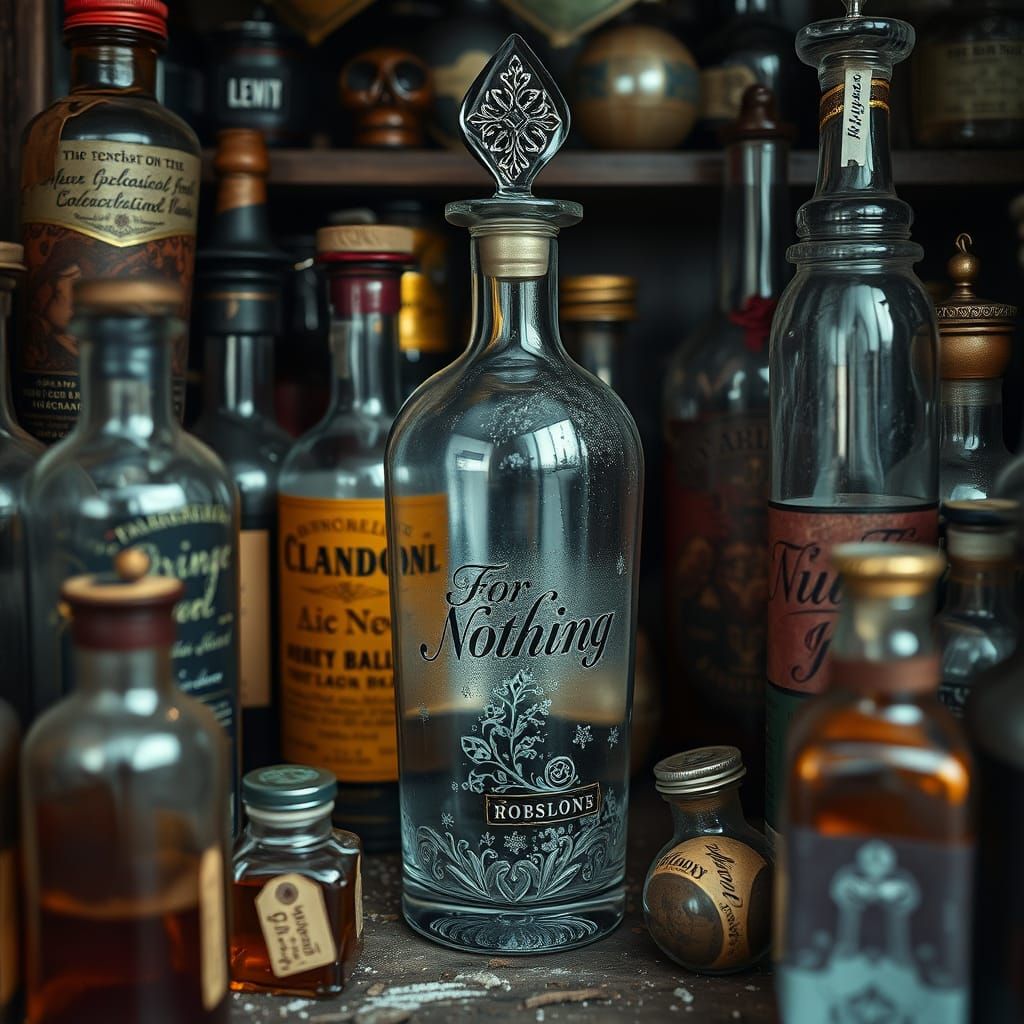 Crystal Vial Adorned with Cursive Script Sits Amidst Apothec...