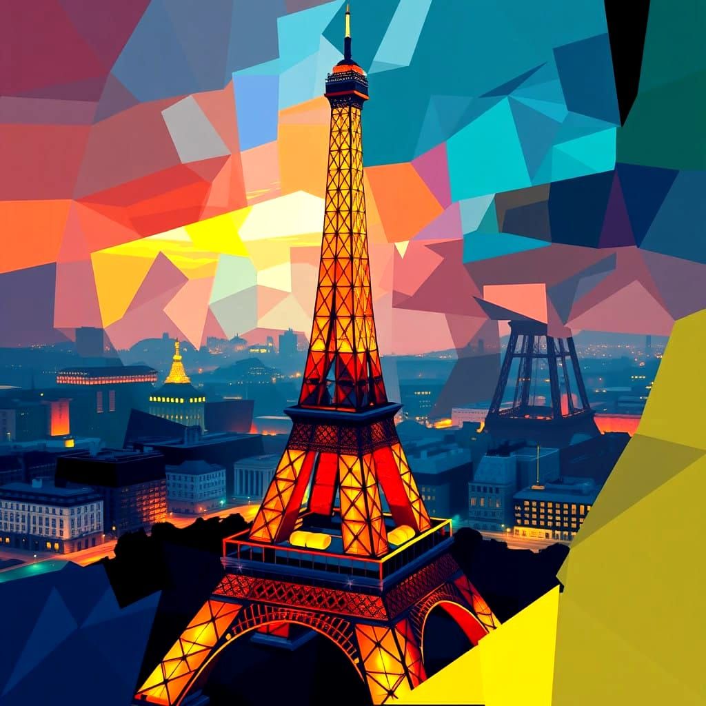 Eiffel Tower in Vibrant Cubist Colors