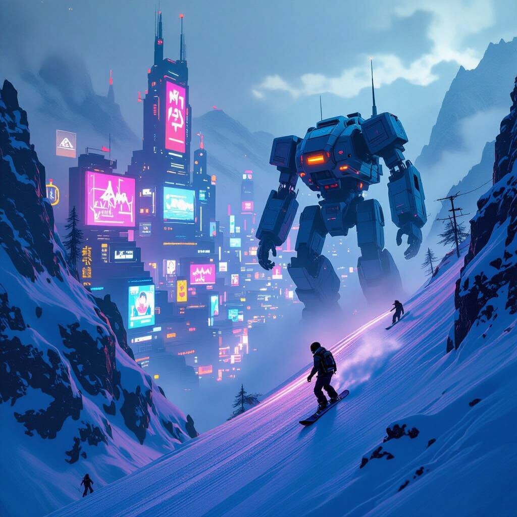 Cyberpunk Snowboarder Flees Robot Guard