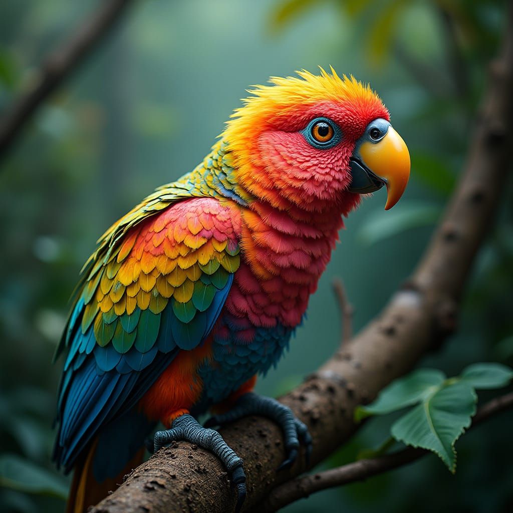 Vibrant Parrot-Platypus Hybrid in Lush Rainforest