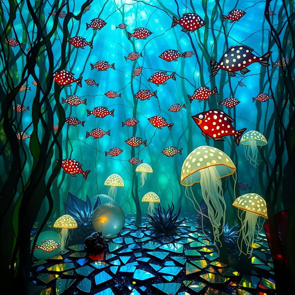 Surreal Underwater Scene with Bioluminescent Jellyfish