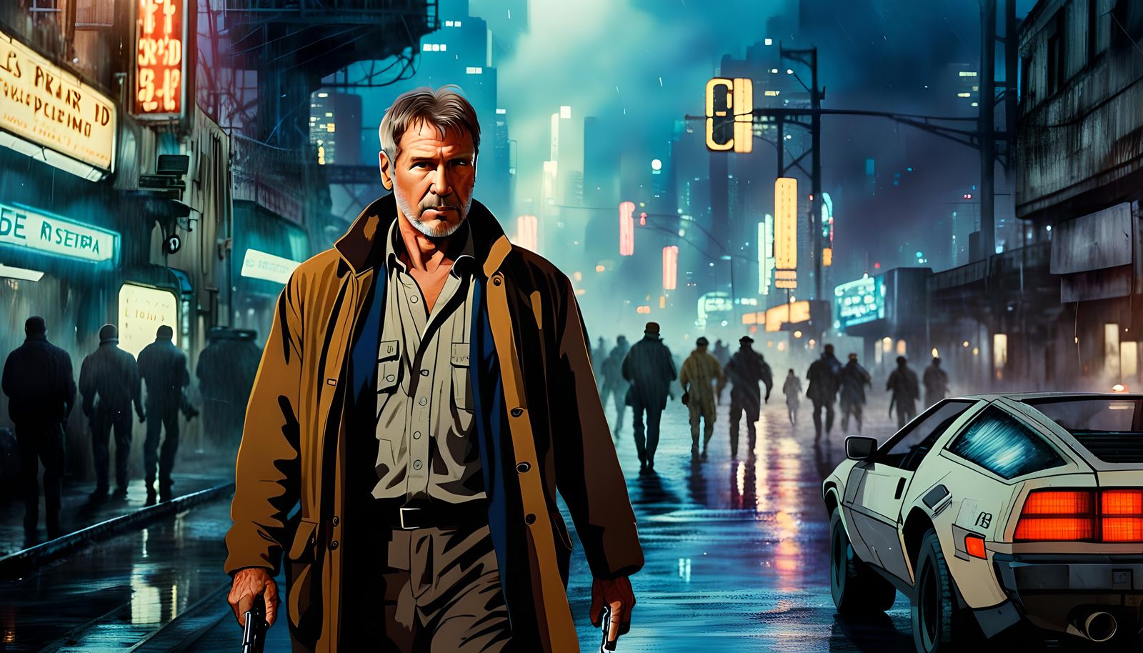 Harrison Ford as Rick Deckard in Cyberpunk Los Angeles
