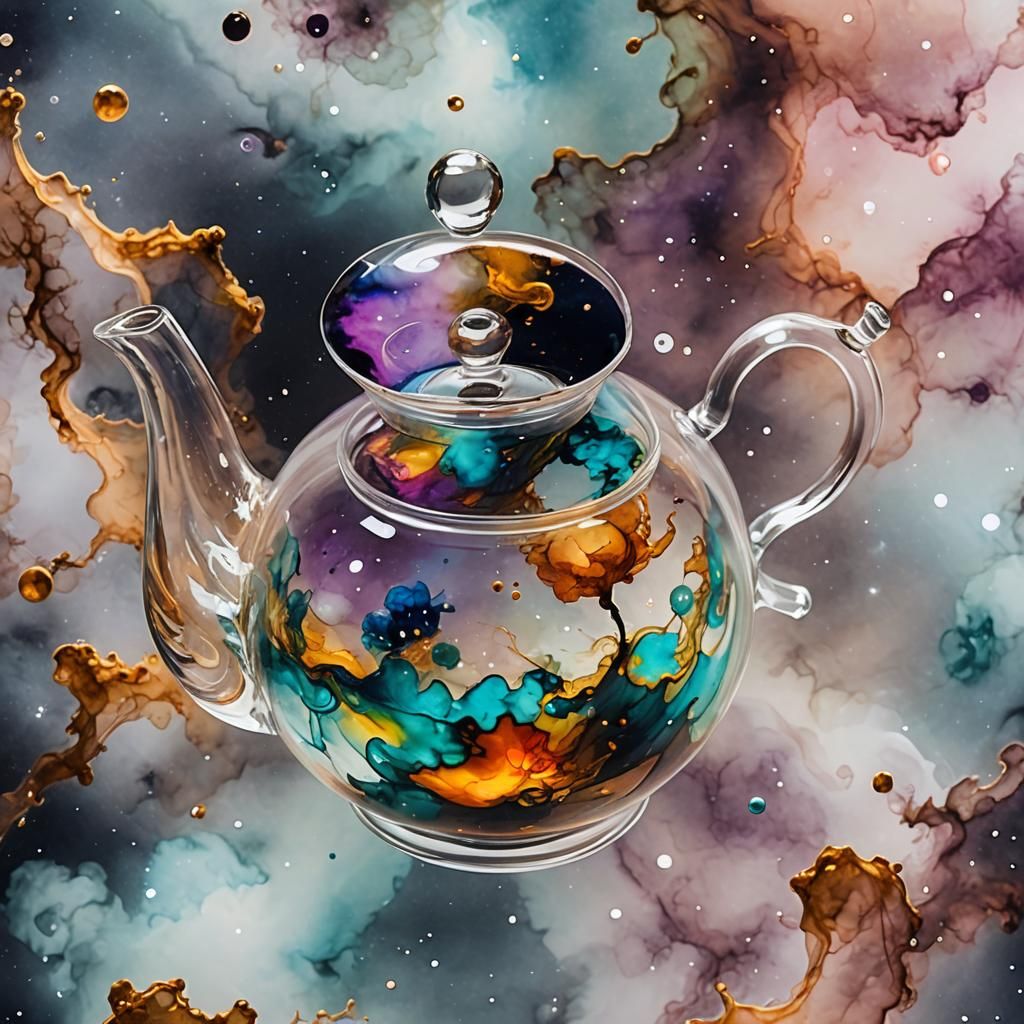 Otherworldly Alcohol Ink Teapot Floating in Space