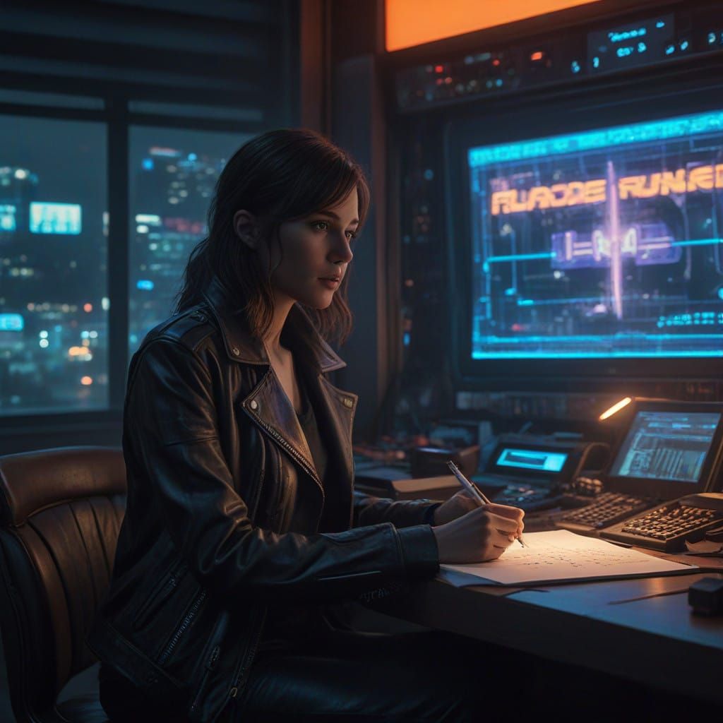 Cyberpunk Female Interviewer in Neon-Lit Apartment