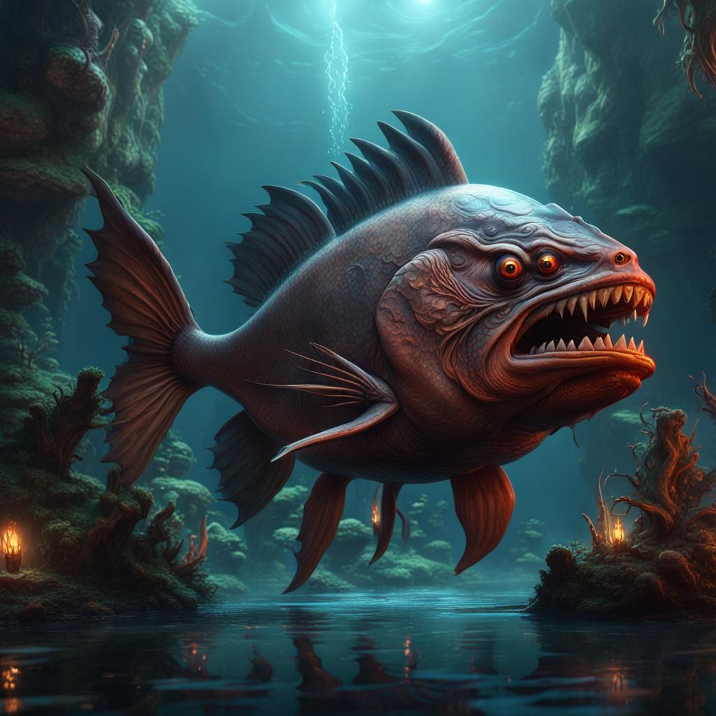 Detailed Piranha Matte Painting in Deep Color