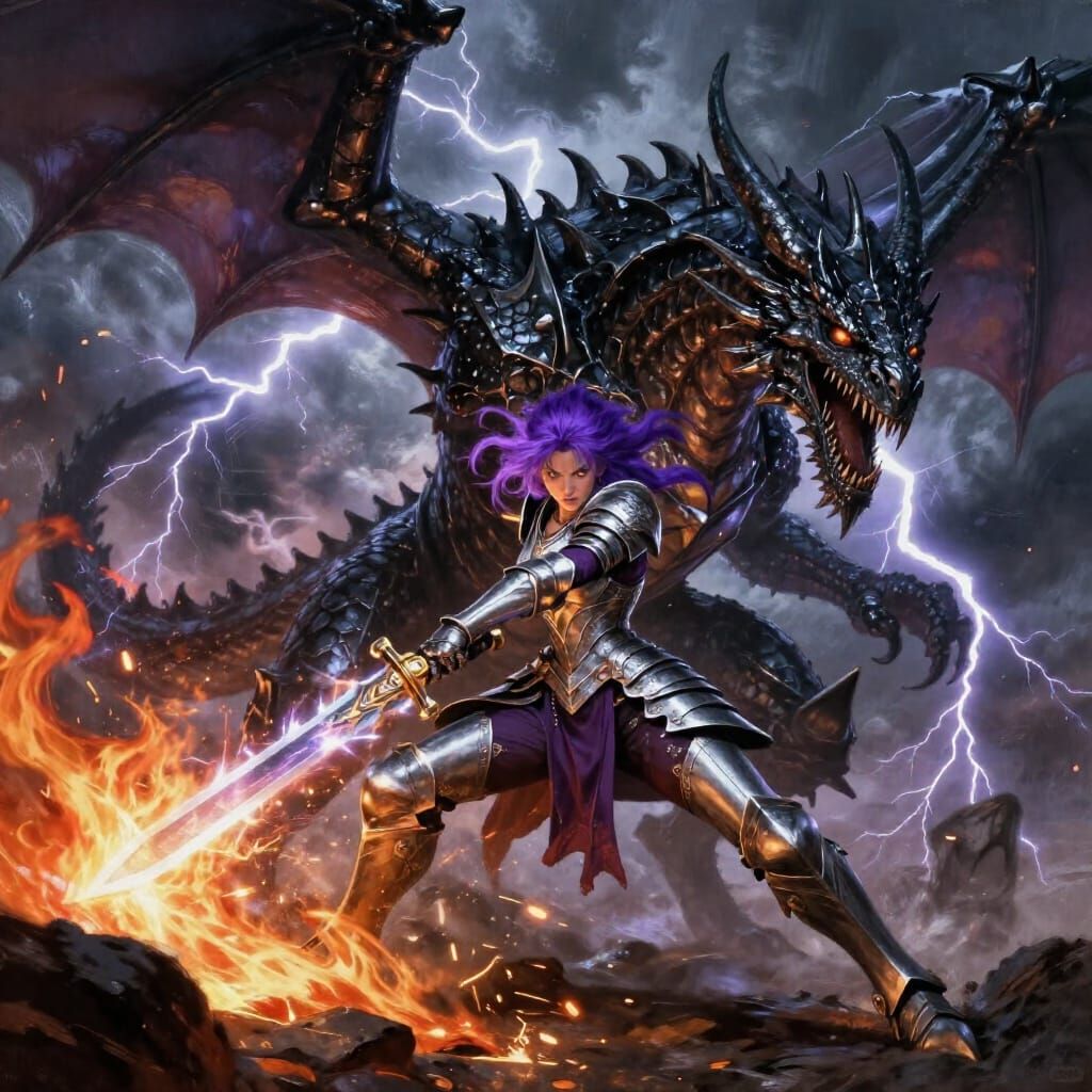 Purple Haired Warrior Fights Metallic Dragon in Storm