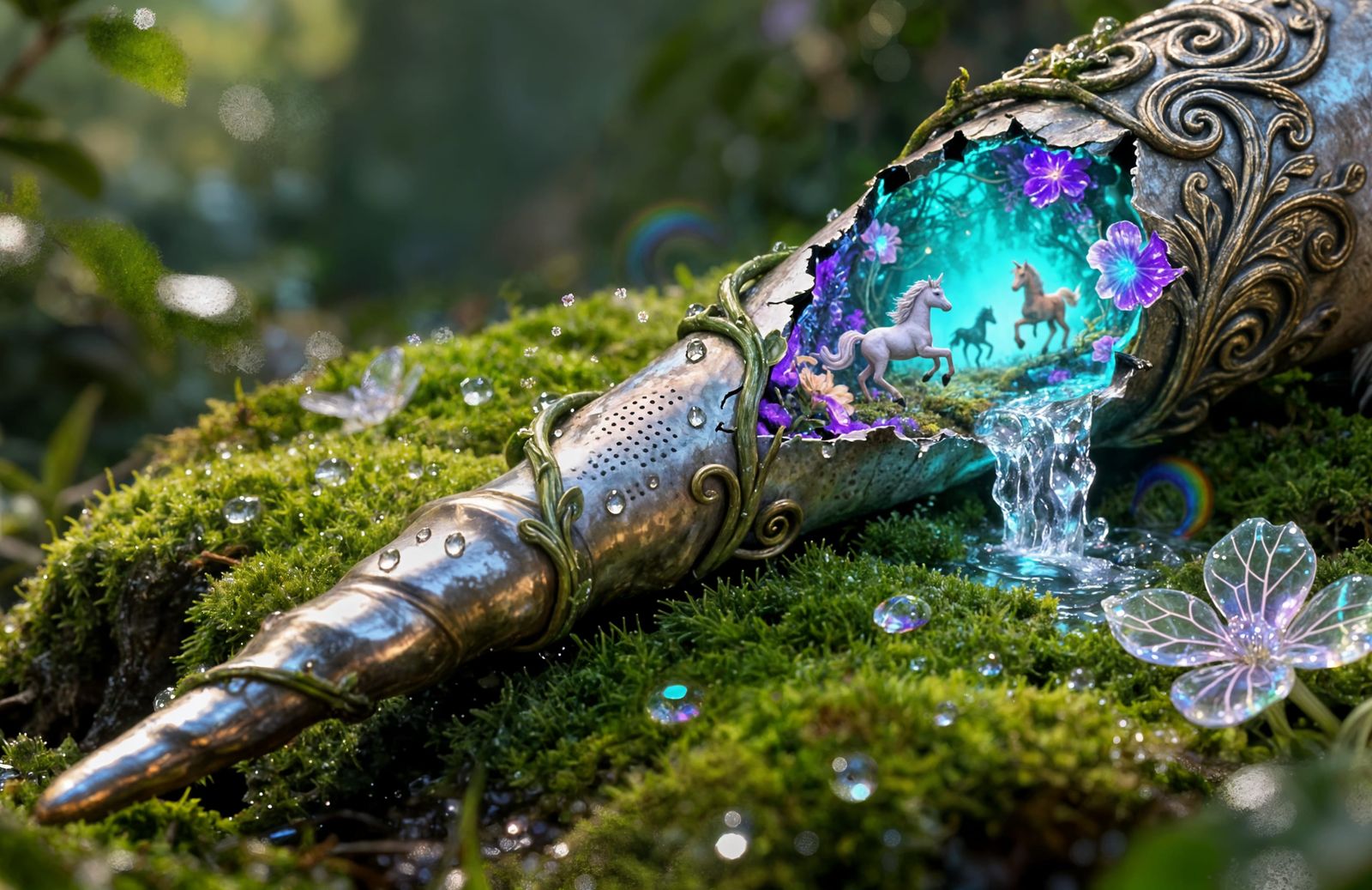 Unicorn Horn Scene in Bioluminescent Moss