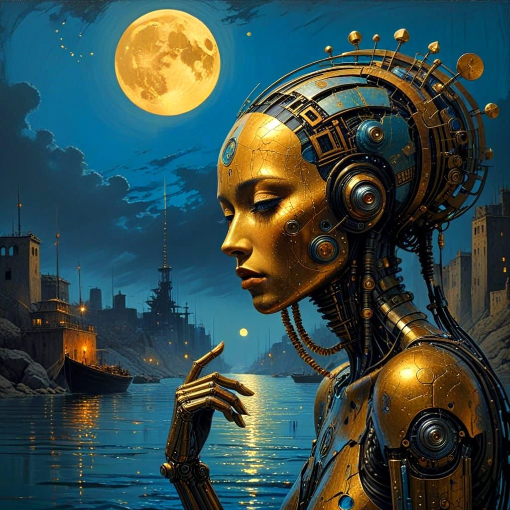 Glowing Robot Amidst Post-Modernist Harbour Decay