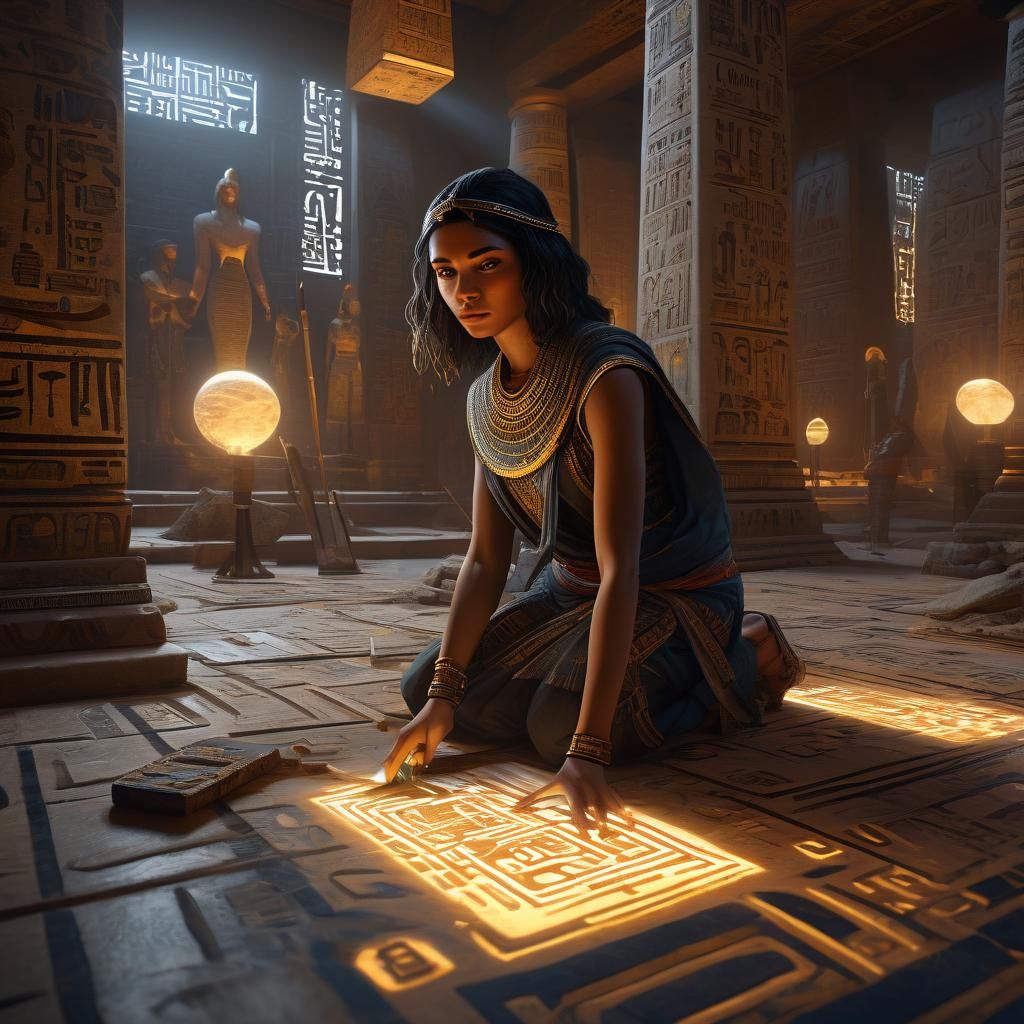 Egyptian Woman Paints Glowing Hieroglyphs in Rutkowski Style