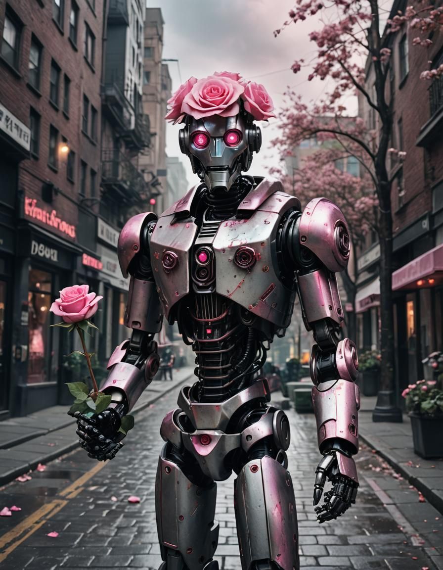 Robot Detective Holding a Rose in Hyperrealism