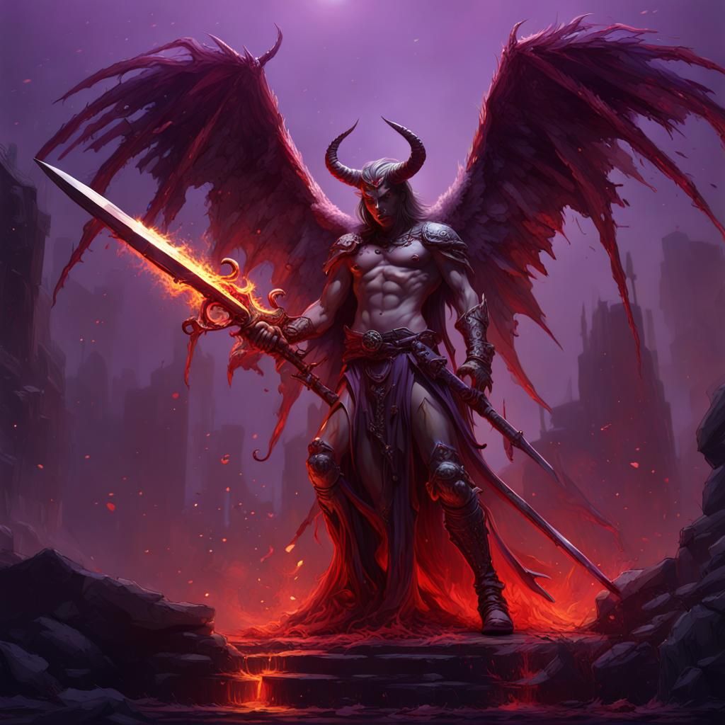 Devil Angel with Bloody Sword in Dark Fantasy Style