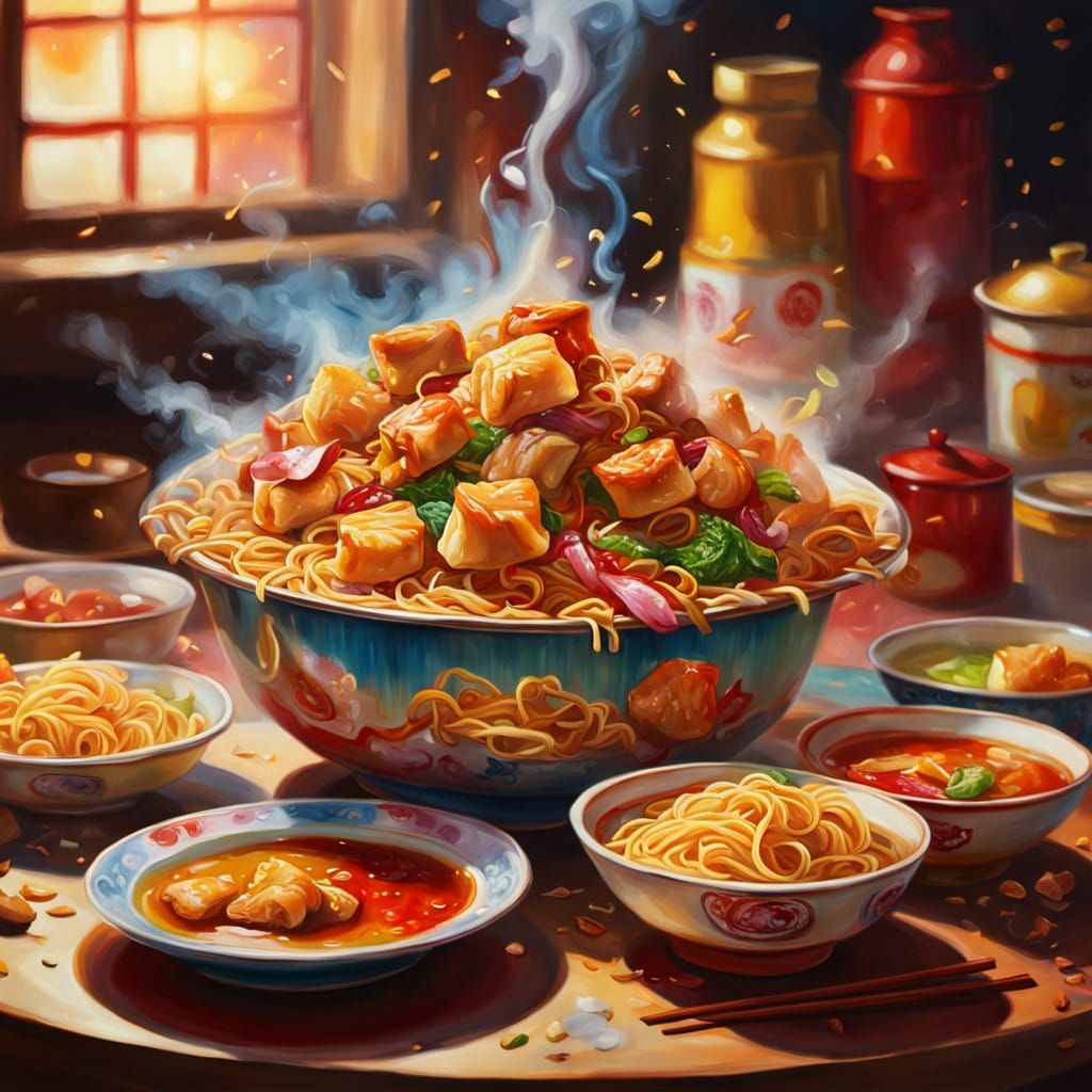 Vibrant Oil Painting of Chinese Takeout Meal