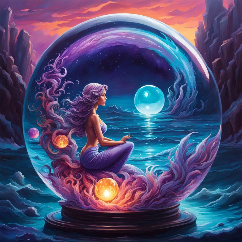 Amethyst Crystal Ball with Mermaid in Graffiti Art Style