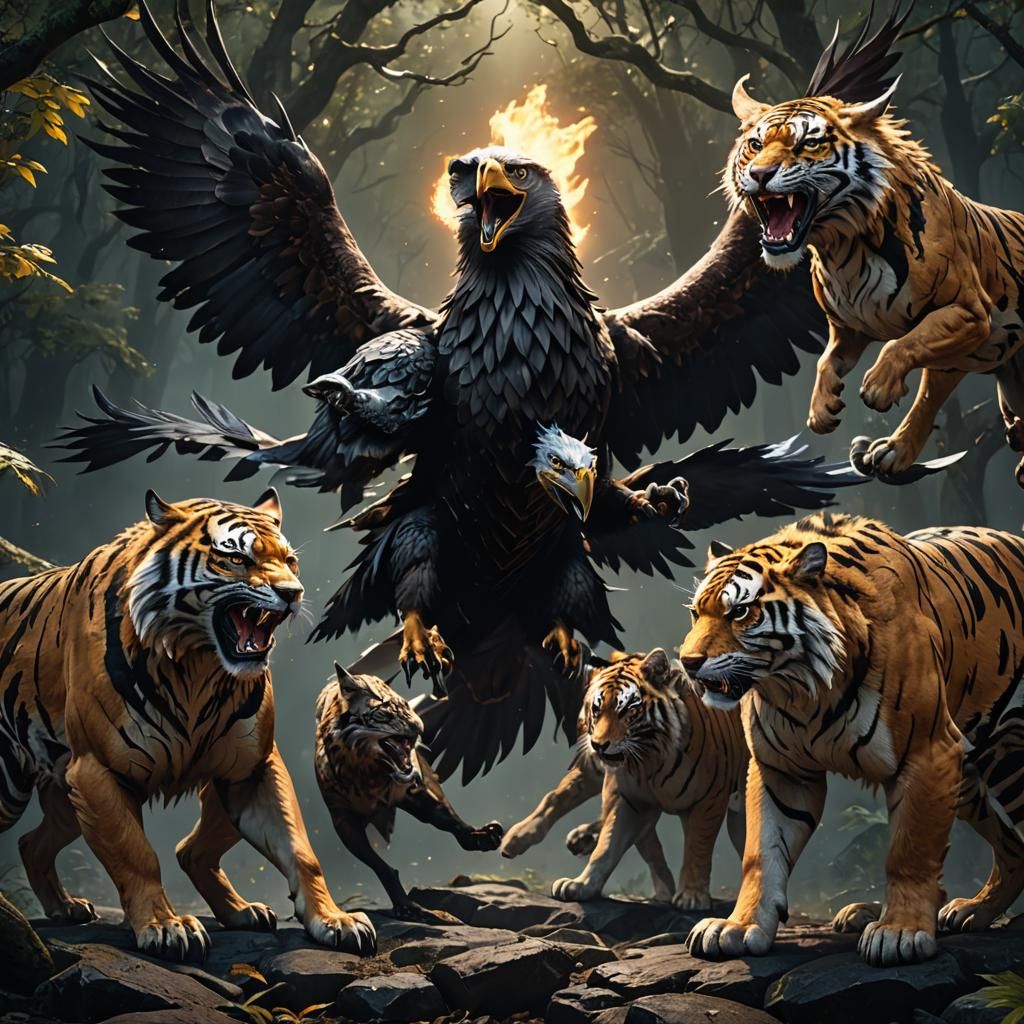 Furious Eagle Wolf Tiger Fusion in Dark Fantasy Style