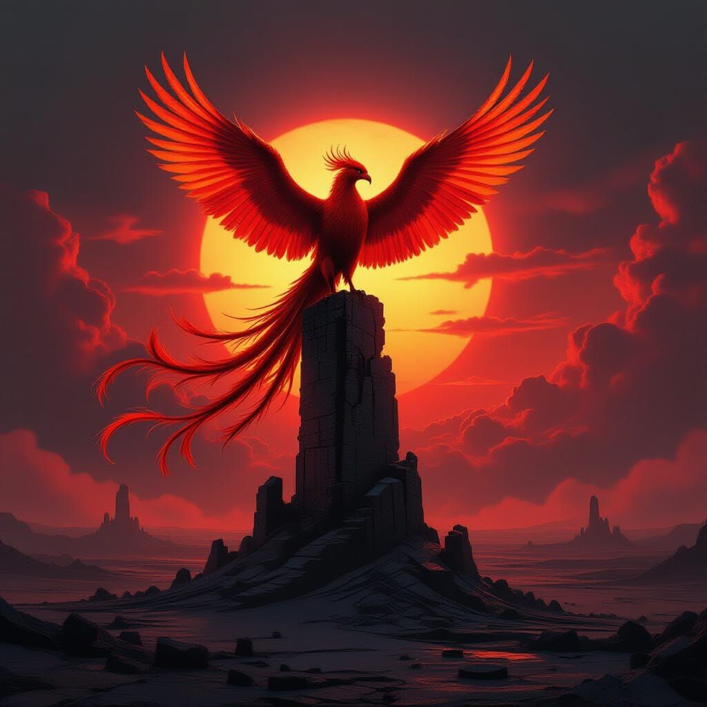 Majestic Phoenix on Obsidian Tower at Sunset