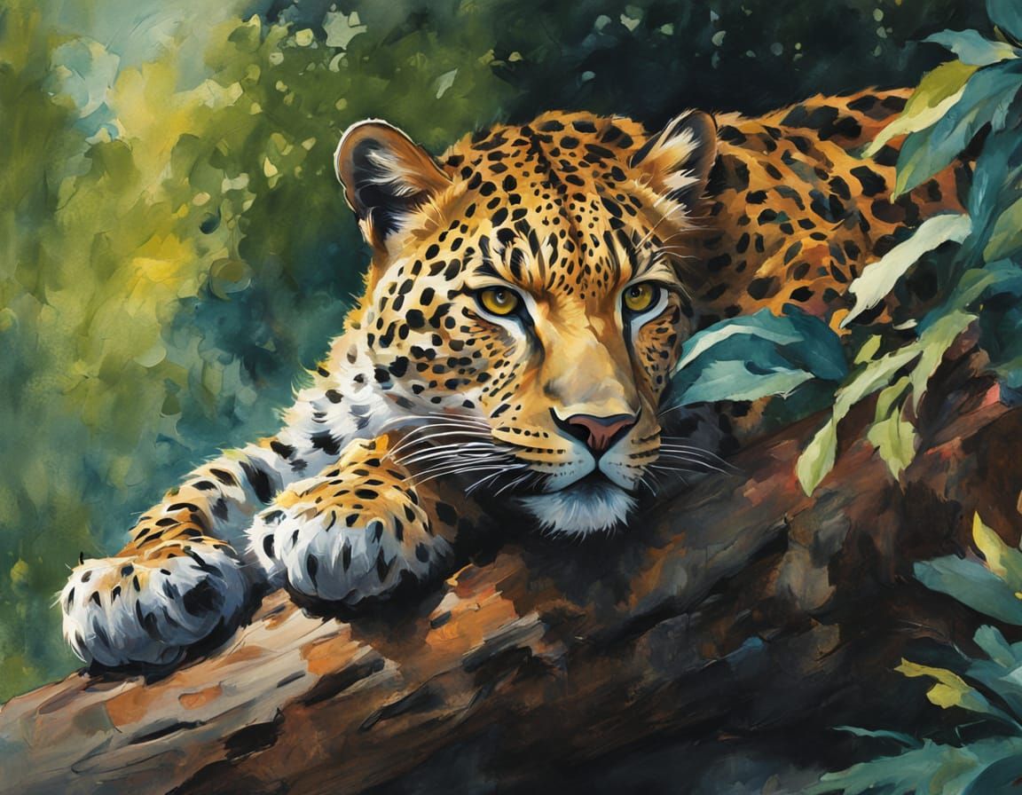 Vibrant Fauvist Leopard in Serene Watercolor Landscape