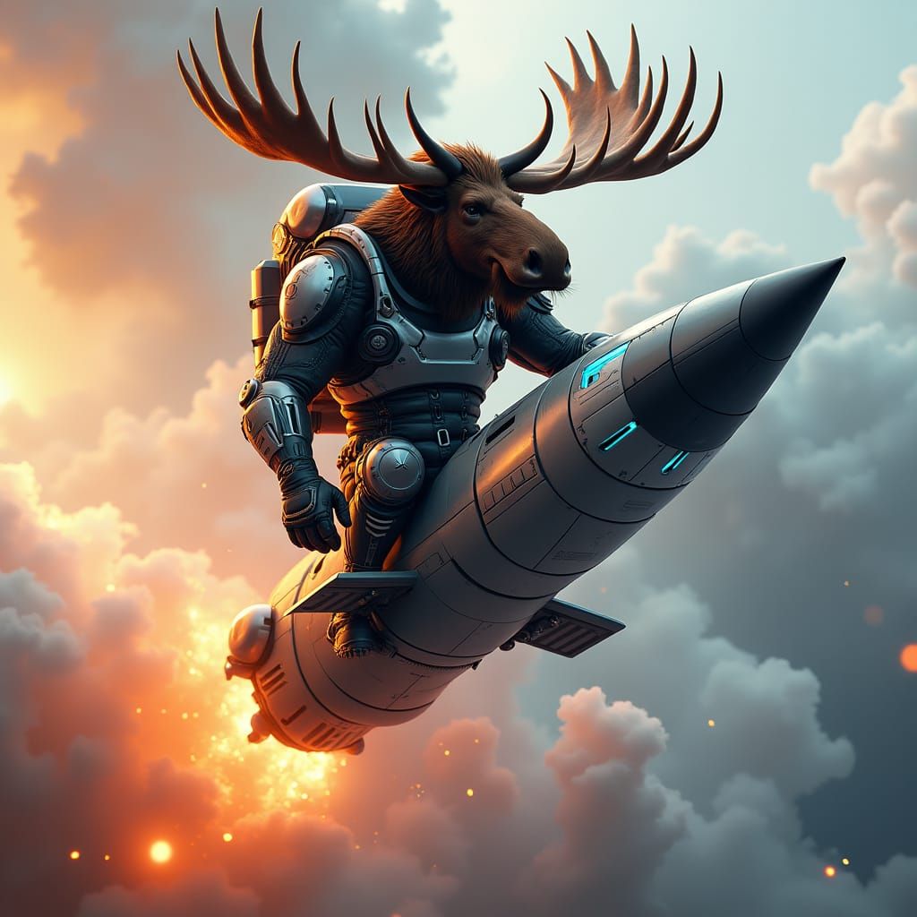 Moose Astronaut on Rocket Launch: Cinematic Digital Art