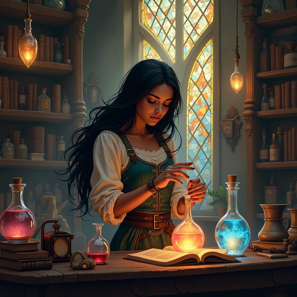 Dark Skinned Alchemist in Enchanted Laboratory, in Detailed....